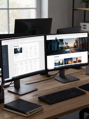 Web development workstation wide shot, two monitors showing a CMS admin panel and live website preview side by side, code editor open in background, natural window light, desk organized with notebooks and keyboard visible