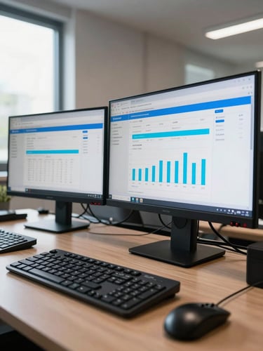 Wide-angle shot of a finance team's office, two monitors displaying an ERP dashboard with inventory and revenue charts in blue and cyan, natural window light from the left, keyboard and mouse in foreground, data clearly legible on screen