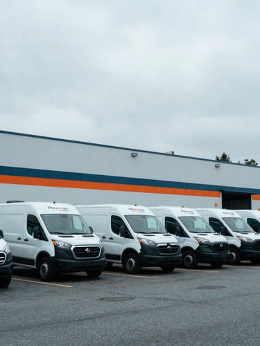 Wide environmental shot of Plexxus Group LLC's commercial fleet vehicles parked at a modern industrial facility in Seattle, under an overcast sky, cool tones, 35mm.