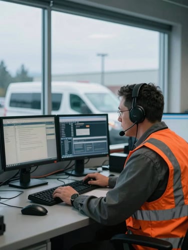 Medium shot of a dispatcher in a modern, industrial office, focused on multiple monitors, with a fleet vehicle visible through a window in the background, overcast Pacific Northwest daylight, cool tones, 35mm