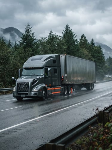 Wide shot of a commercial semi-truck on an overcast Pacific Northwest highway, reflecting grey skies, with a hint of safety orange on the truck, sharp focus, 35mm.