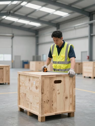 Crisp industrial photography of a clean warehouse interior, a worker in a safety vest measuring a wooden shipping crate with steel tape, bright overhead daylight