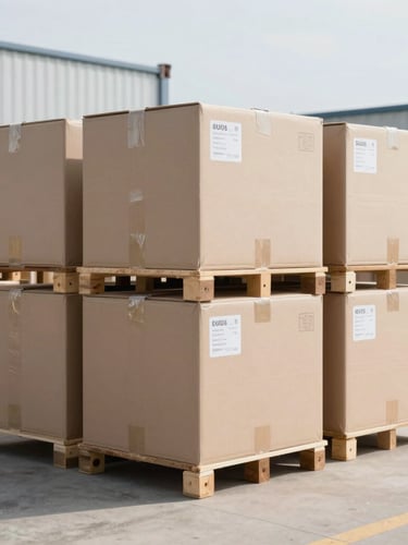Crisp industrial photography of a clean logistics environment with structured cargo packages under bright neutral daylight, sharp focus, high-detail 35mm.