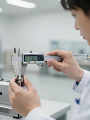 A close-up of a quality inspector using a digital caliper to measure a manufactured component in a bright, clean warehouse.