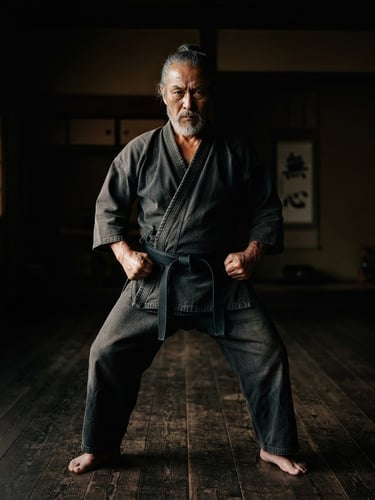 Portrait of a martial arts founder, mid-stance, focused expression, dramatic low-key side lighting, deep charcoal and warm amber tones, 35mm lens.
