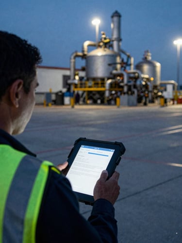 An industrial worker in a high-visibility vest using a ruggedized tablet on a dimly lit tarmac at dusk, over-the-shoulder shot, industrial documentary photography, high-contrast cool fluorescent lighting, deep shadows, sharp focus, 35mm film grain.