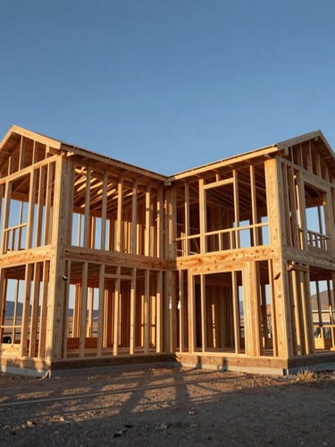 Low-angle wide shot of a massive wood-framed custom home skeleton under a crisp Northern Utah morning sky, long shadows casting geometric lines through open studs.