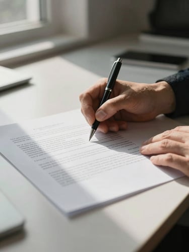 Close-up of hands reviewing a printed agreement on a clean office desk, natural window light from the left casting soft shadows across the document pages, a pen resting beside the papers, shallow depth of field, muted warm tones