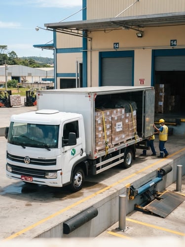 Caminhão de carga médio limpo em doca industrial em Itupeva, SP, sob luz natural brilhante, com carga segura.