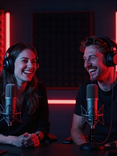 Two radio hosts laughing inside a dark broadcasting studio, neon red lights reflecting on microphones and soundproof walls, moody studio photography