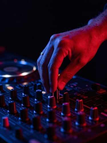 Close-up of DJ hand adjusting a large metallic knob on a mixing console, dramatic red and blue gel lighting, high contrast, moody studio atmosphere