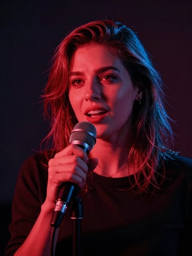 Portrait of an expressive female radio host with colorful hair speaking into a microphone, dramatic red gel lighting, high contrast, 35mm lens