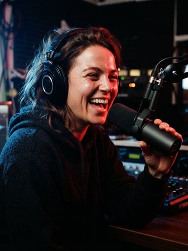 Close-up of a young energetic radio host with headphones laughing in front of a professional microphone, dramatic red and blue gel lighting, high contrast, deep shadows, 35mm lens