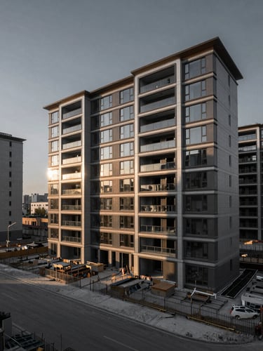 Wide-angle architectural shot of a modern luxury residential construction site under dramatic dawn light, sharp shadows, 35mm