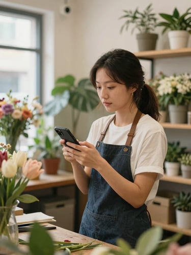 warm editorial photography, natural ambient daylight, a local florist in her workshop holding a phone naturally, shallow depth of field, 35mm