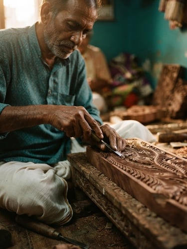 Portrait of an Indian artisan carving intricate peacock feather patterns into a wooden block, hands focused, soft golden-hour light, rich teal and ivory tones, shallow depth of field, 35mm, wide shot, bleeding to the right edge.