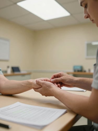 Wide clinical consultation room, a practitioner's hands performing pulse diagnosis on a patient's wrist across a desk, overhead north-facing daylight, ochre-cream walls, assessment notes visible on the desk surface, no faces shown