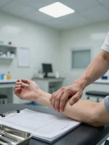 Wide clinical room interior, a practitioner's hands resting on a patient's forearm during diagnostic palpation, medical assessment notes and a stainless instrument tray visible at the edge of frame, overhead north-facing daylight, no shadows, precise documentary framing