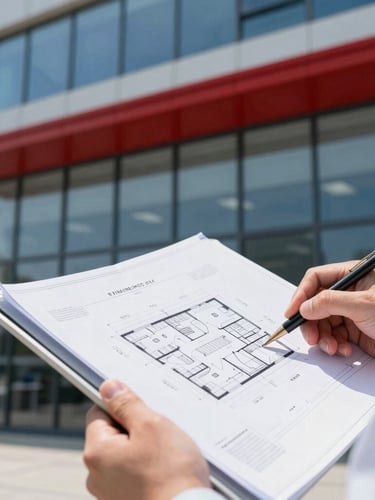 Close-up of a professional engineer reviewing architectural blueprints on a digital tablet inside a modern commercial building, bright natural daylight, high contrast