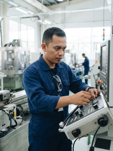 Close-up of Indonesian industrial worker in clean blue uniform adjusting machinery, bright high-key lighting, professional setting