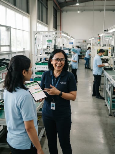 Professional Indonesian operations manager in a clean factory environment, discussing workforce planning, natural daylight, sharp focus, 35mm lens