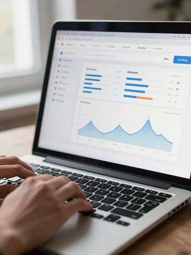 Close-up of a laptop screen showing a clean e-commerce dashboard with conversion metrics, natural window light from the left, hands resting on keyboard, shallow depth of field