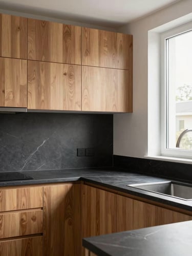 Architectural interior photography of a modern kitchen with warm oak cabinets and deep charcoal countertops, bright natural window light, sharp focus, 35mm