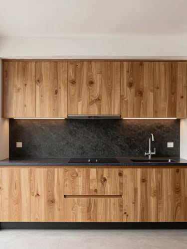 Straight-on architectural shot of a custom modular kitchen, warm oak cabinets, charcoal quartz countertops, integrated lighting, bright daylight, 35mm