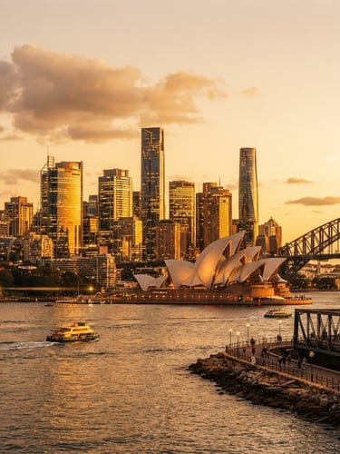 Cinematic architectural sweep of Sydney harbor skyline at golden hour, dramatic low angle, luxury skyscrapers reflecting warm gold light, anamorphic lens, 35mm look