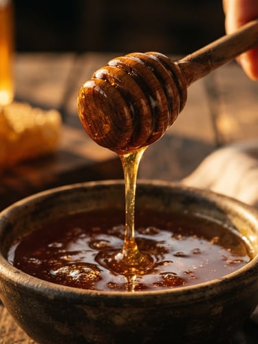 Close-up of premium organic honey dripping from a wooden dipper, dramatic golden hour lighting, rich high-contrast tones, 35mm cinematic film look