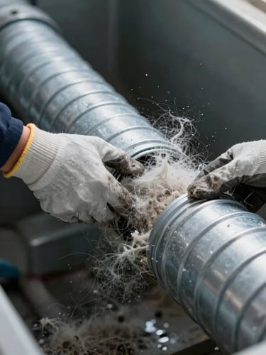 Close-up of a technician's gloved hands pulling a dense lint clog from a flexible dryer vent duct section, overcast natural light, lint fibers visible mid-air against a dark utility room background