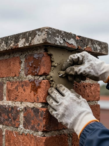 Close-up of a chimney technician's gloved hands pressing mortar into a cracked chimney crown joint, natural overcast daylight revealing weathered brick texture and water staining, tight framing on the repair detail with the roofline barely visible in soft background