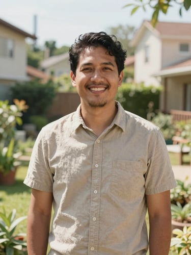 Warm natural daylight portrait of a community leader standing in a sunlit neighborhood garden, shallow depth of field, 35mm lens