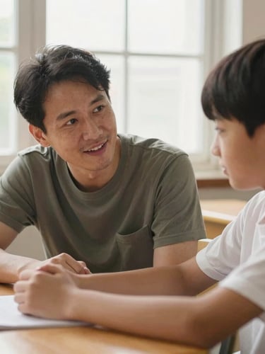 A close-up photograph of a mentor guiding a young student at a wooden desk, warm natural daylight filtering through a window, shallow depth of field, authentic human connection.