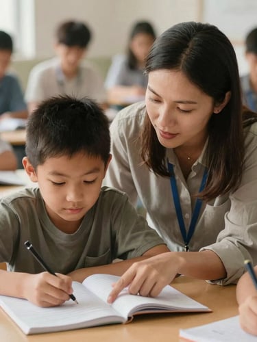 A warm natural daylight photo of an active community learning environment, a mentor guiding a young student over a notebook, shallow depth of field, 35mm lens