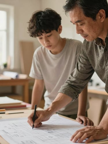 Close-up of a mentor guiding a young adult over a blueprint in a warm, sunlit community workshop, shallow depth of field, 35mm lens