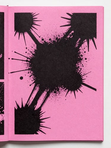High-contrast photocopied zine cover flat-lay, harsh neon pink highlights, heavy black ink splatters on textured paper