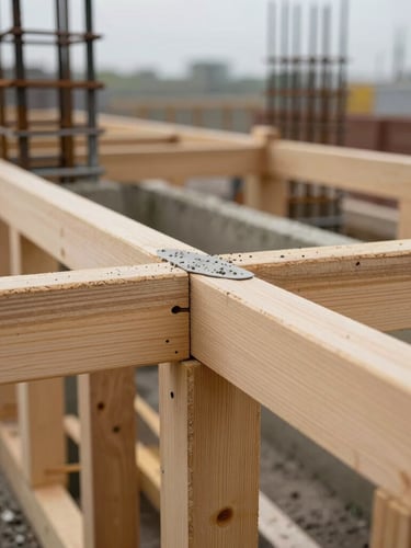 Extreme close-up of crisp timber formwork before a concrete pour, showcasing clean joints and precise steel reinforcement bars, overcast daylight.