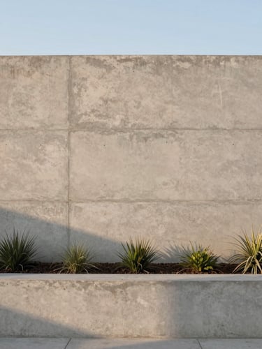 Straight-on architectural elevation of a monolithic board-formed concrete retaining wall integrated with minimalist landscaping at golden hour, sharp lines, clean texture.