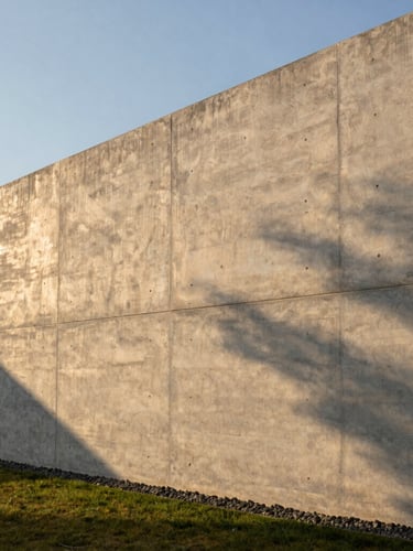 Straight-on architectural elevation of a massive board-formed concrete retaining wall, low-angle golden hour sunlight casting sharp shadows of timber grain texture, minimalist landscaping.