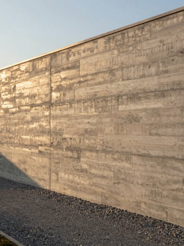 Straight-on architectural elevation of a massive board-formed concrete retaining wall, crisp timber textures highlighted by low-angle golden hour sunlight, clean gravel path below.