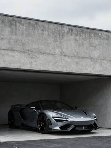 Minimalist architectural crop of a modern concrete garage showing the sharp geometric silhouette of a luxury sports car under cool overcast daylight