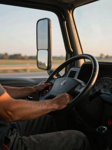 Close-up of a professional truck driver's hands on a large steering wheel, natural daylight filtering through the cabin window, gritty industrial feel