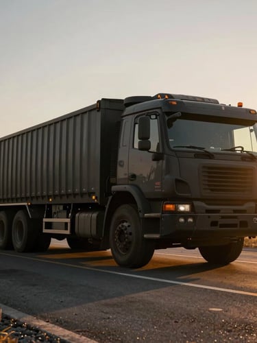 Low-angle dynamic shot of a heavy-duty cargo truck parked on an asphalt highway during golden hour, high-contrast gritty industrial style, 35mm lens