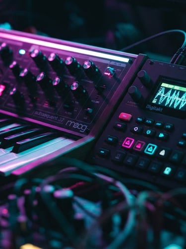Macro shot of a modern synth keyboard and drum machine under sharp magenta and cyan neon rim lighting, shallow depth of field, dark moody studio environment.