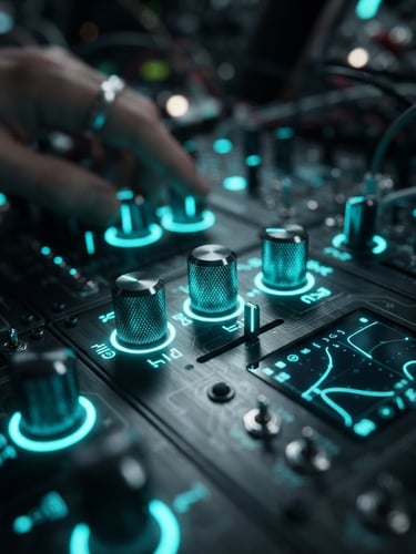 Tight close-up of a futuristic synthesizer panel, glowing neon cyan LED knobs, dark moody studio background, shallow depth of field.