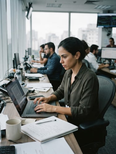 Editorial documentary photography, natural overcast light, a professional journalist writing on a laptop in a modern Brazilian newsroom, cool desaturated tones, 35mm lens