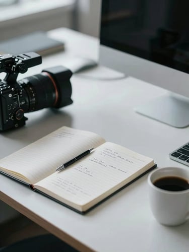 A close-up documentary shot of a modern newsroom desk, a notebook with handwritten notes, a professional camera lens, and a cup of black coffee, cool desaturated tones, natural overcast light