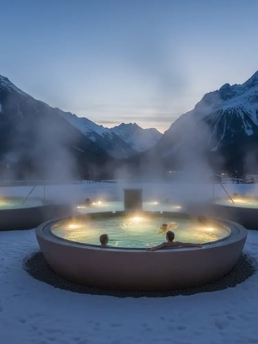People relaxing in a steaming outdoor thermal pool at the Aqua Dome spa during twilight, with a view