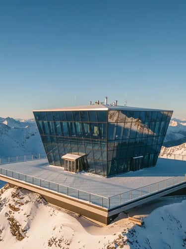 The modern glass architecture of the ice Q restaurant on a mountain peak in Sölden, surrounded by sn